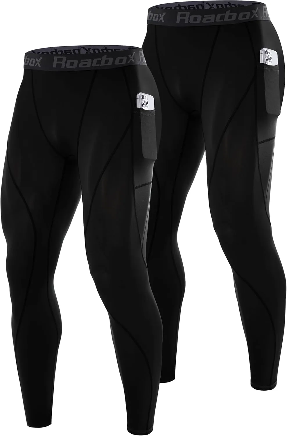 Roadbox 1 or 2 Pack Compression Pants Men, Running Workout Leggings with Pockets, Gym Basketball Athletic Tights Base Layer
