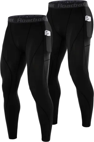 Roadbox 1 or 2 Pack Compression Pants Men, Running Workout Leggings with Pockets, Gym Basketball Athletic Tights Base Layer