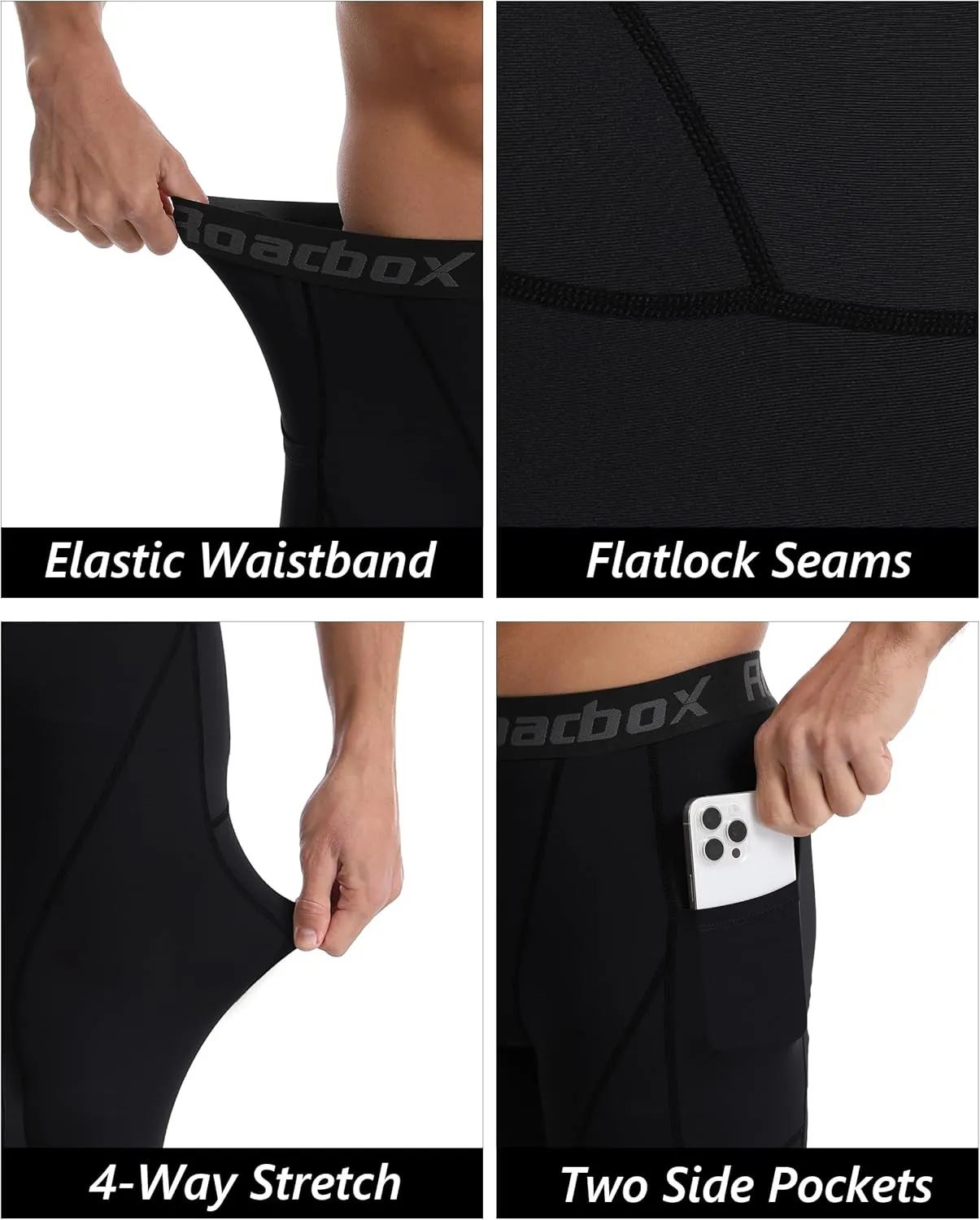 Roadbox 1 or 2 Pack Compression Pants Men, Running Workout Leggings with Pockets, Gym Basketball Athletic Tights Base Layer