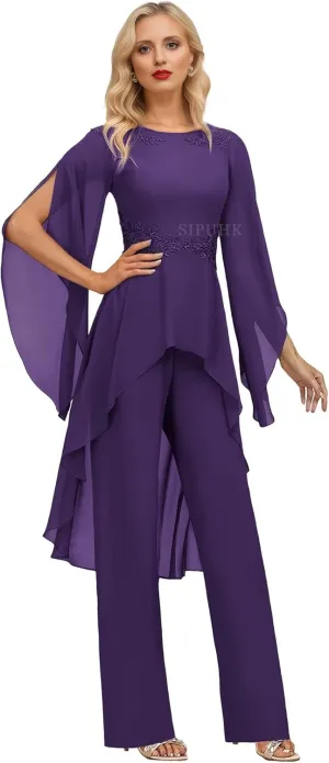 SIPUHK 2 Pieces Pant Suits for Women Dressy Lace Applique Chiffon Bell Sleeve Mother of The Bride Pantsuits for Wedding Guest