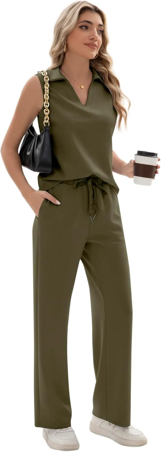 Sixstar Women 2 Piece Outfits Lounge Sets Casual Sleeveless Summer V-Neck Dressy Collared Tracksuit Lounge