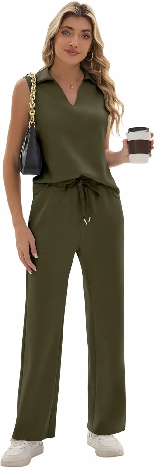 Sixstar Women 2 Piece Outfits Lounge Sets Casual Sleeveless Summer V-Neck Dressy Collared Tracksuit Lounge