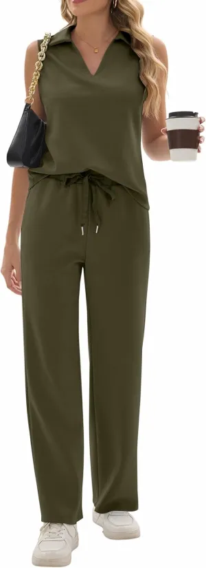 Sixstar Women 2 Piece Outfits Lounge Sets Casual Sleeveless Summer V-Neck Dressy Collared Tracksuit Lounge
