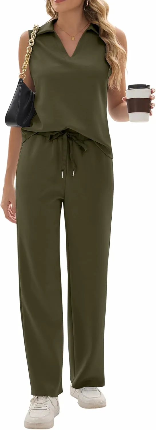 Sixstar Women 2 Piece Outfits Lounge Sets Casual Sleeveless Summer V-Neck Dressy Collared Tracksuit Lounge