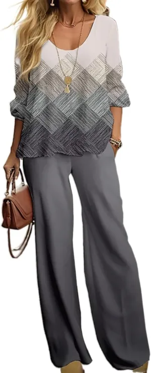 Summer Two-Piece Set for Women Boho Floral Print Pants Suit Loose Top Shirt Wide Leg Trouser