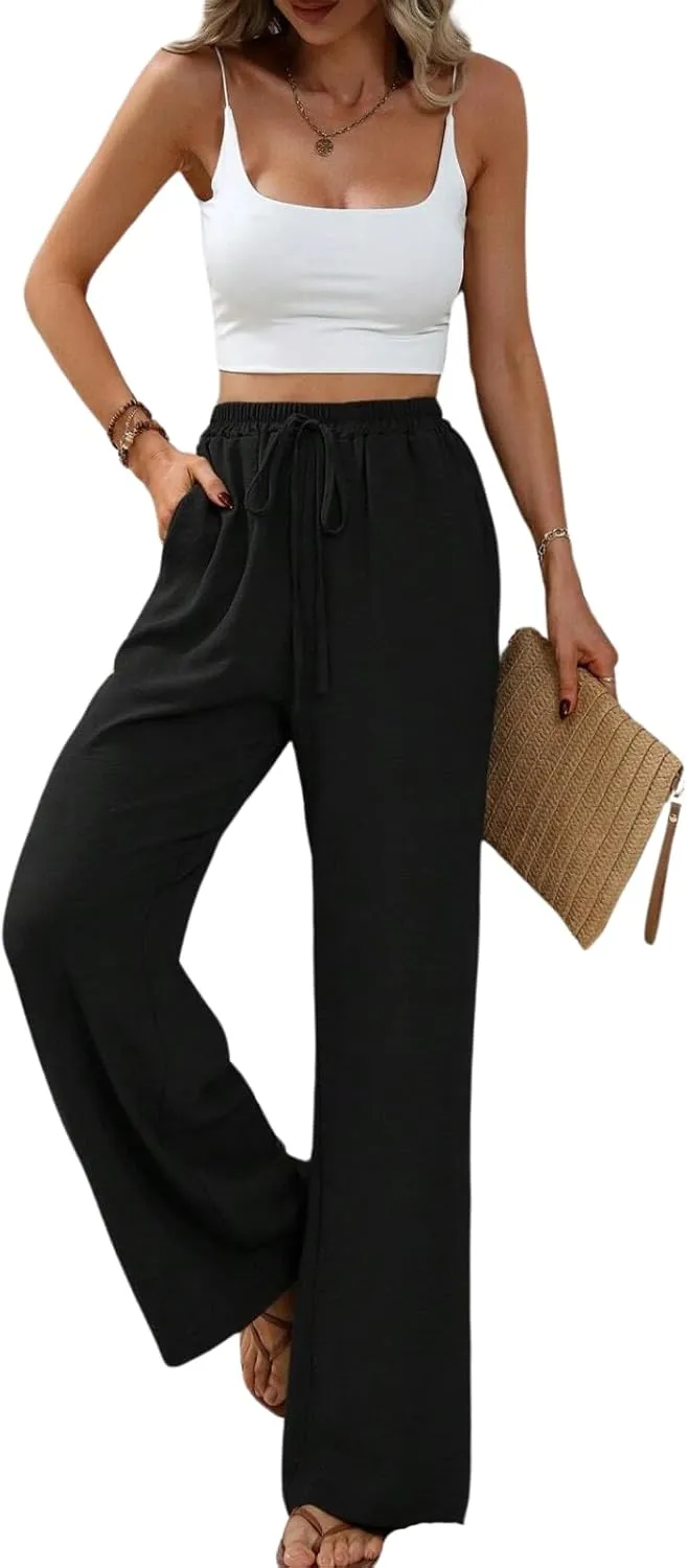 Summer Women's Casual Palazzo Pants Elastic High Waisted Trendy Flowy Wide Leg Beach Trousers with Pockets