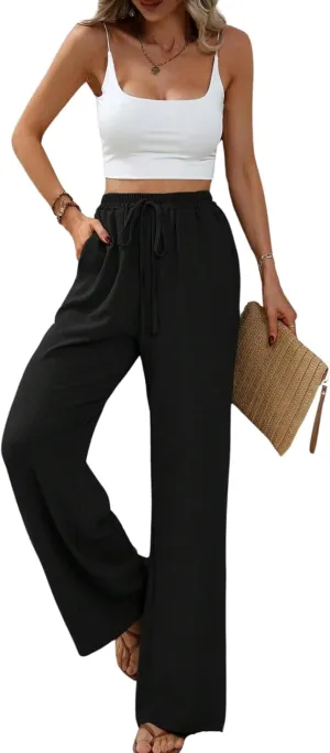 Summer Women's Casual Palazzo Pants Elastic High Waisted Trendy Flowy Wide Leg Beach Trousers with Pockets