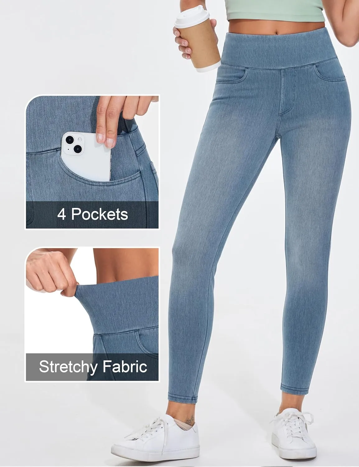 THE GYM PEOPLE Women's High Waisted Jeggings Pants Stretchy Tummy Control Skinny Jean Leggings with Pockets