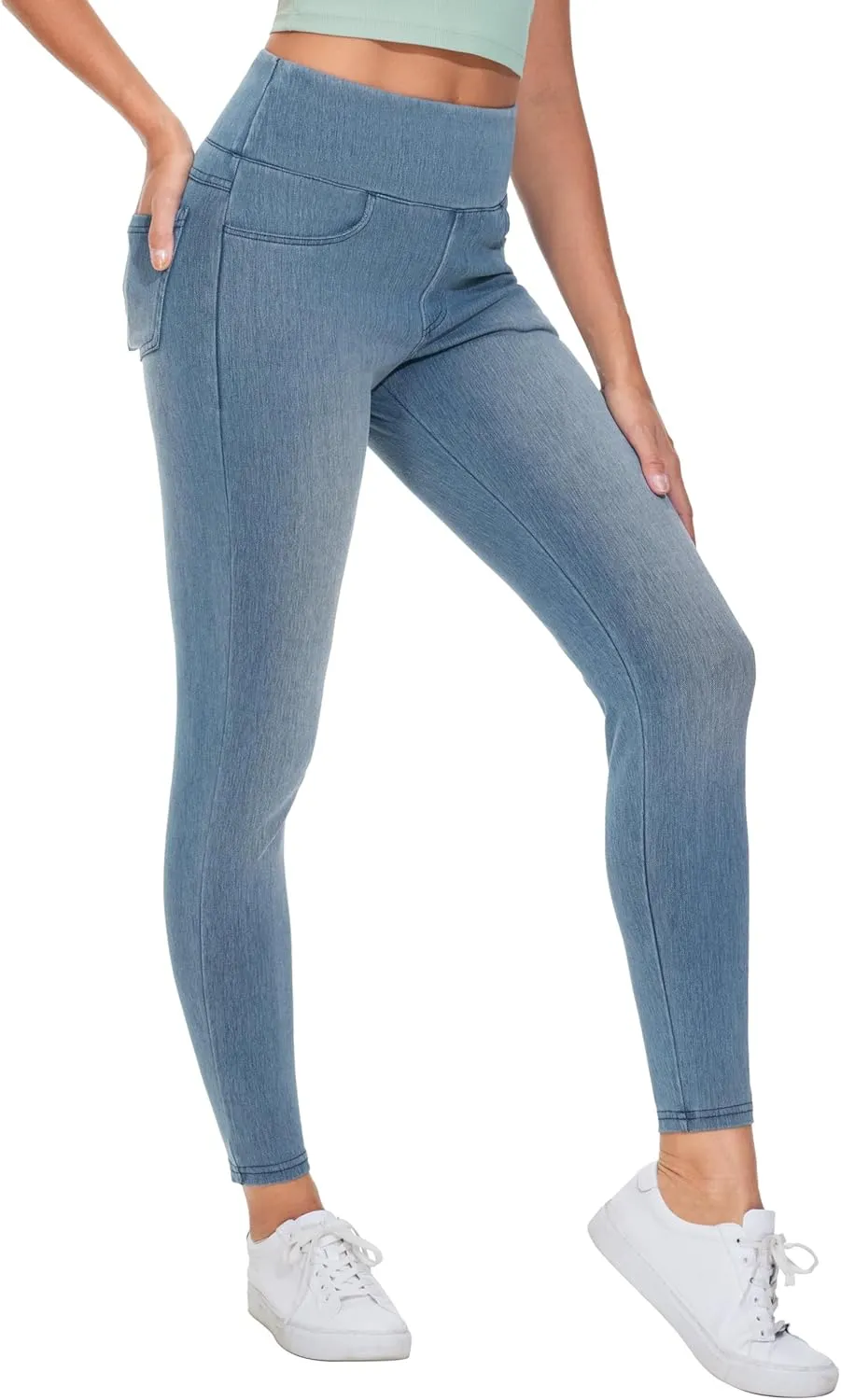 THE GYM PEOPLE Women's High Waisted Jeggings Pants Stretchy Tummy Control Skinny Jean Leggings with Pockets