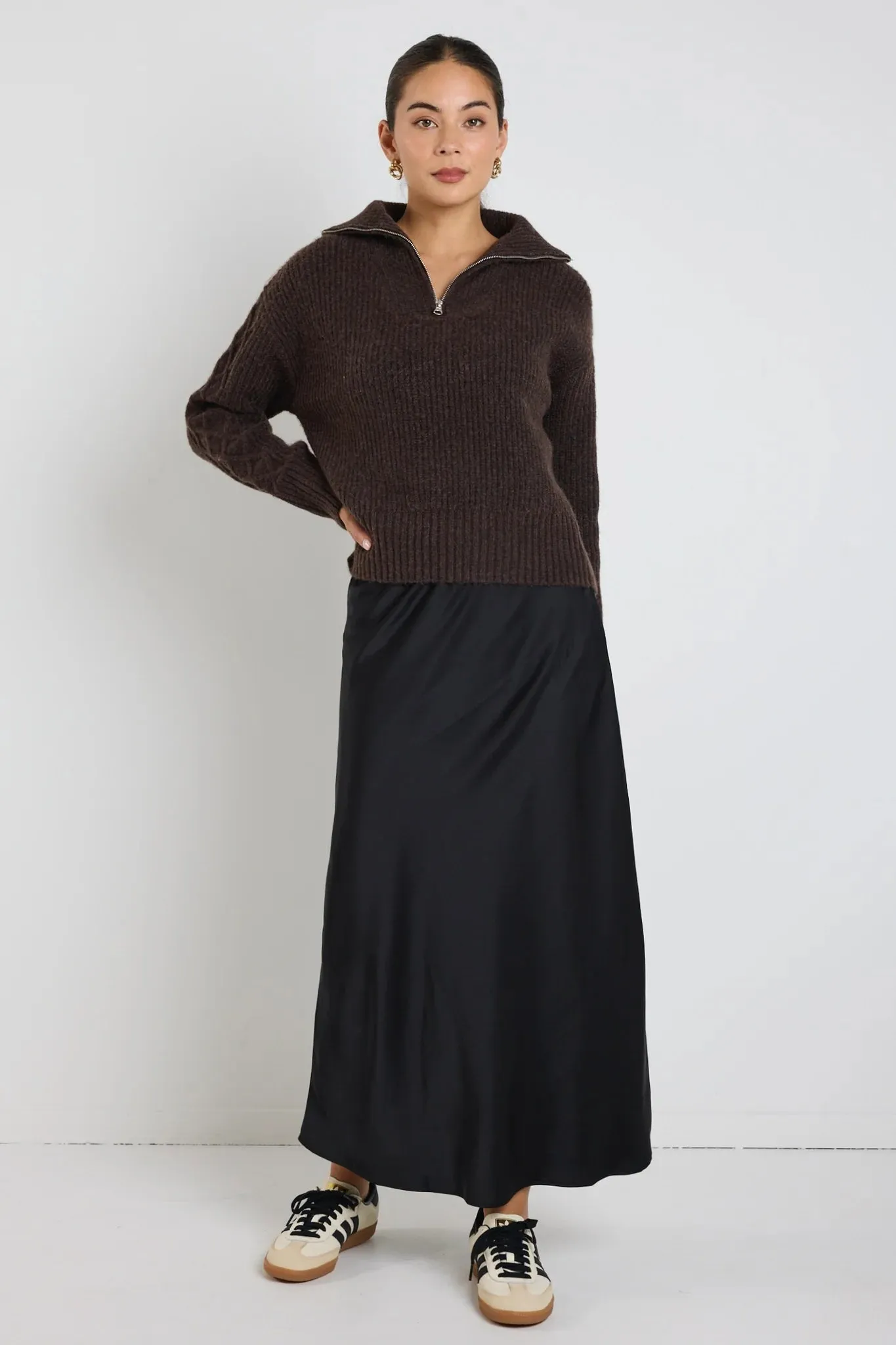Trinket Chocolate Quarter Zip Cable Jumper