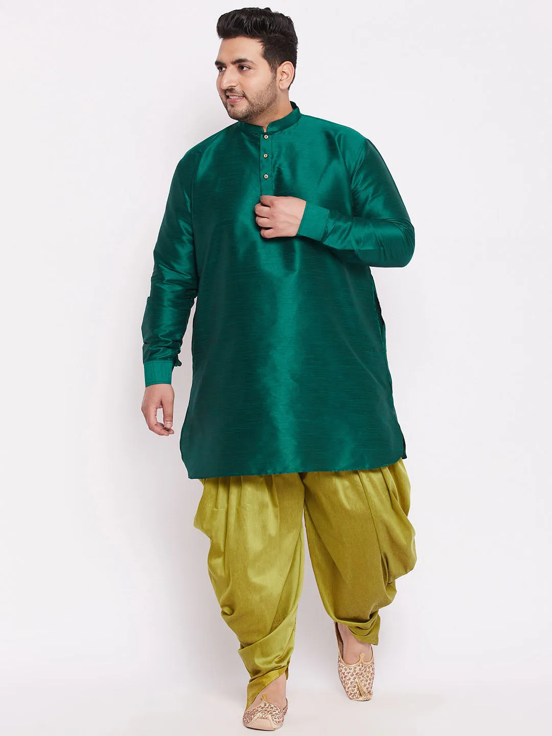 Vastramay Green Silk Blend Kurta Dhoti Set