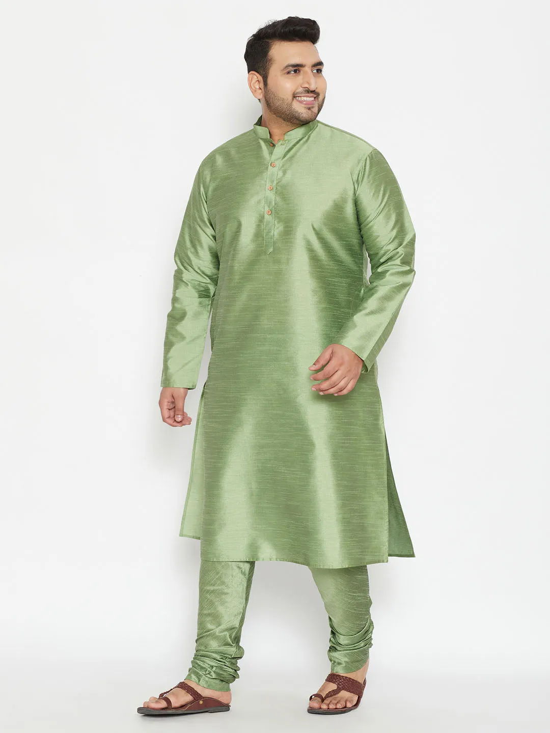Vastramay Men's Mint Green Silk Kurta Set