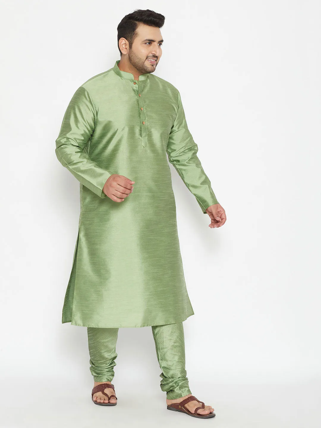 Vastramay Men's Mint Green Silk Kurta Set