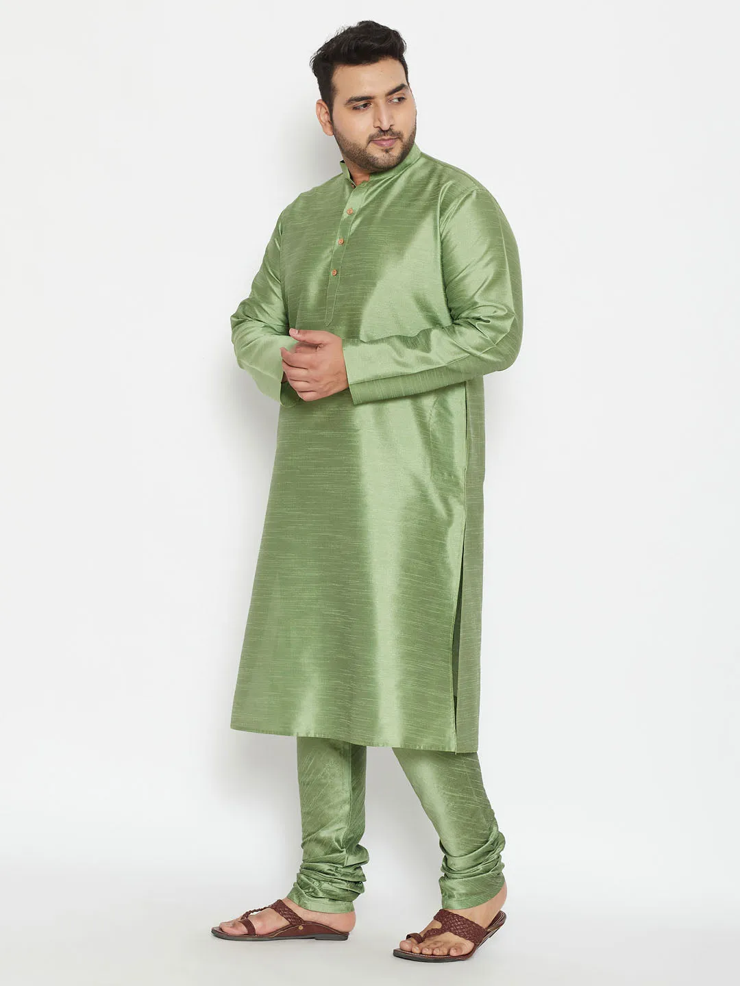 Vastramay Men's Mint Green Silk Kurta Set