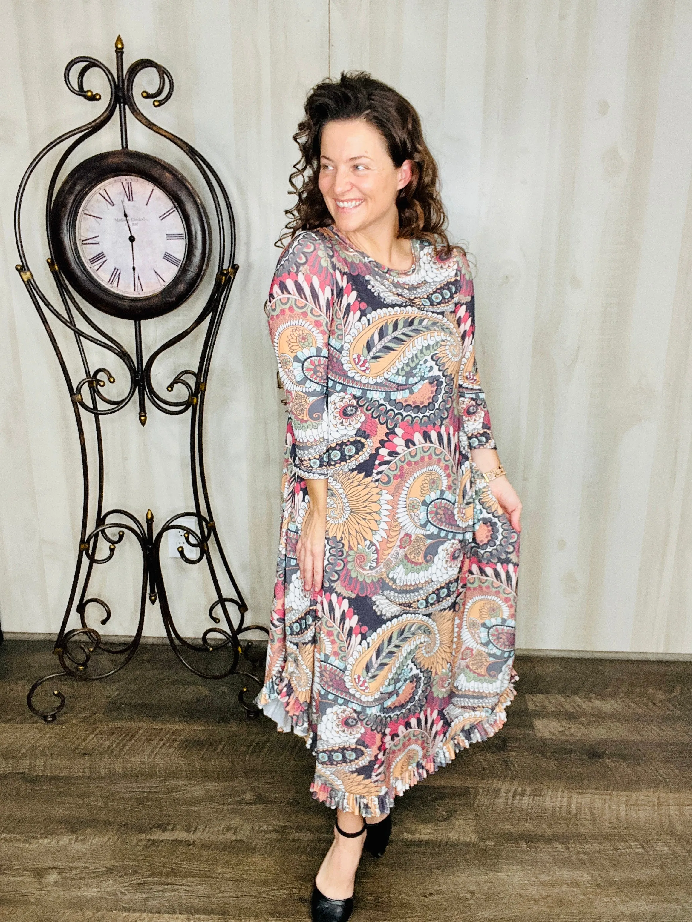 Veronica Ruffle Swing Dress- Warm Paisley Print