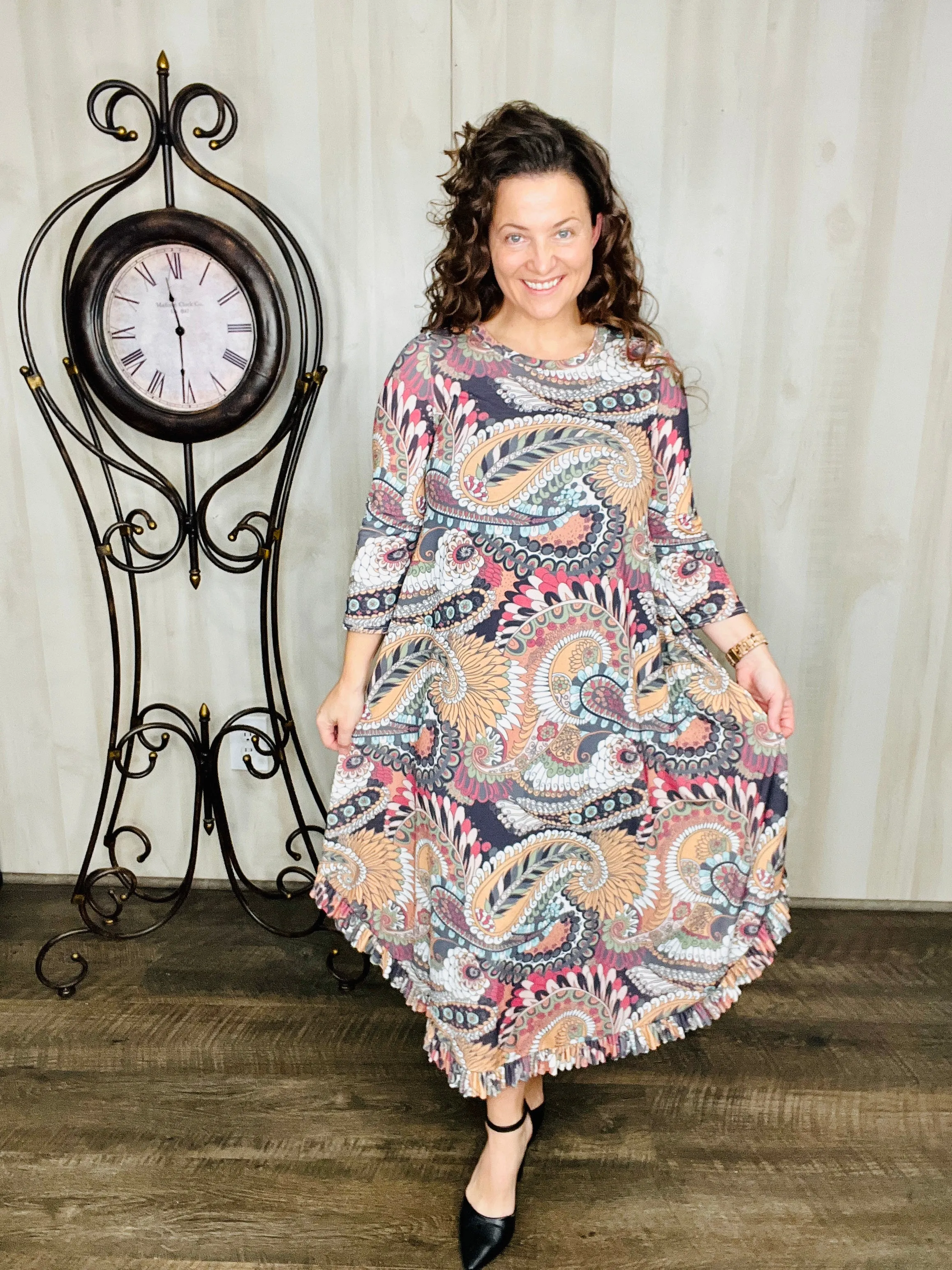 Veronica Ruffle Swing Dress- Warm Paisley Print