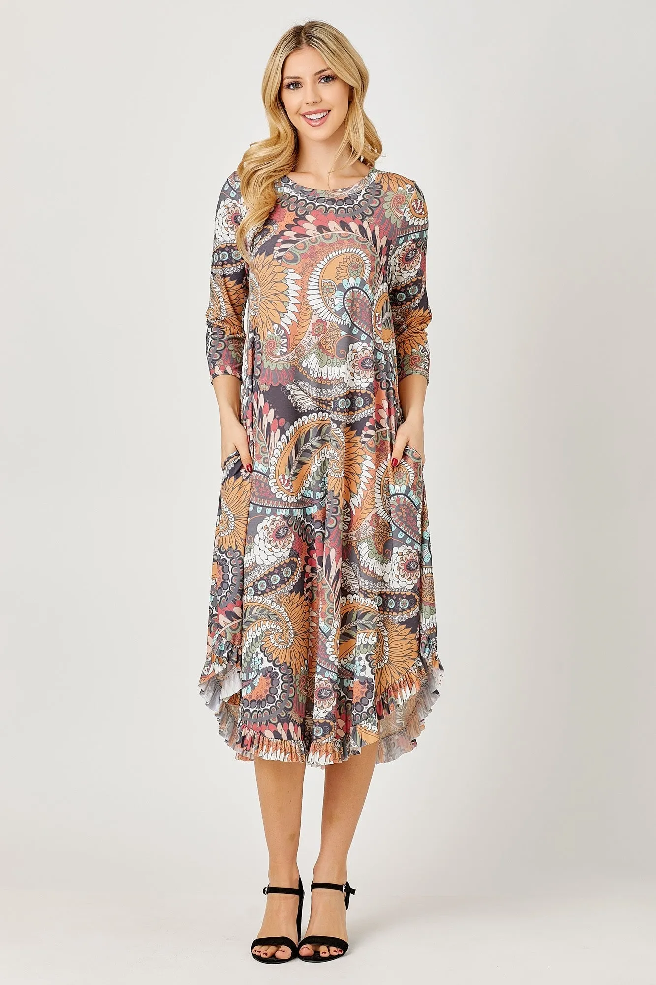 Veronica Ruffle Swing Dress- Warm Paisley Print