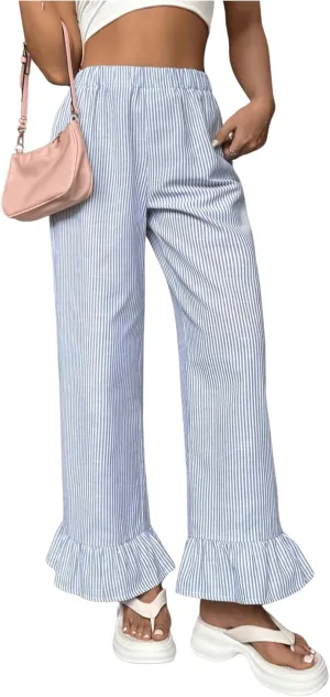 WDIRARA Women's Women Casual Striped Print Long Pants Elastic High Waist Loose Long Ruffle Hem Trousers