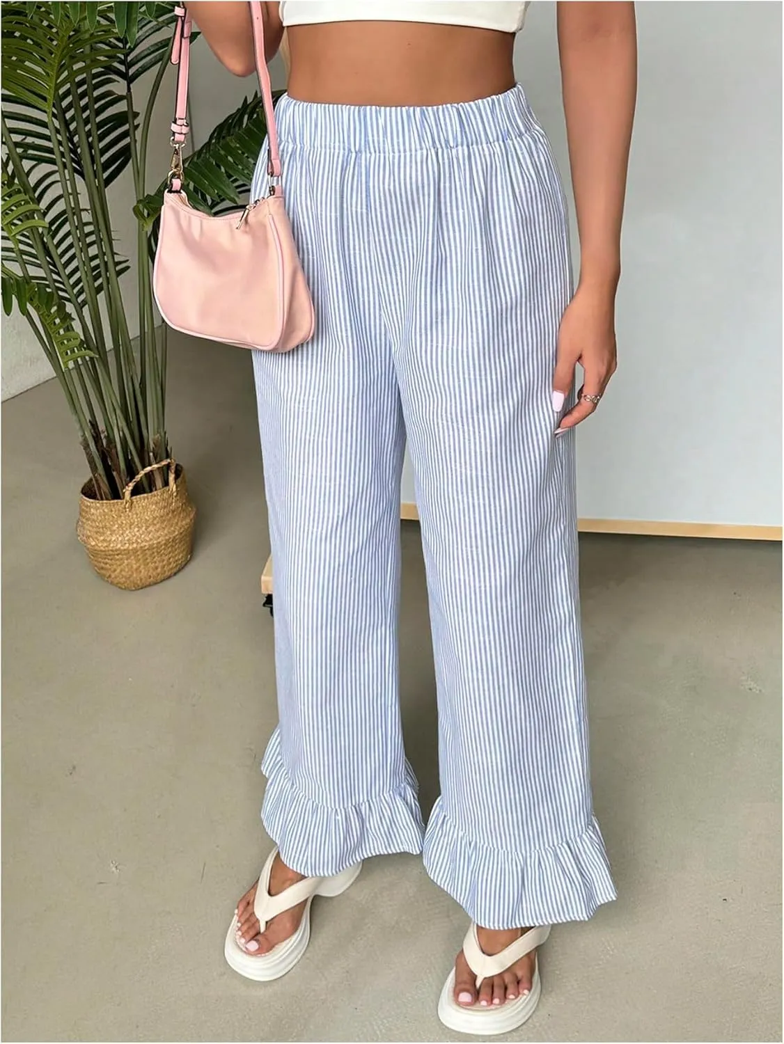 WDIRARA Women's Women Casual Striped Print Long Pants Elastic High Waist Loose Long Ruffle Hem Trousers