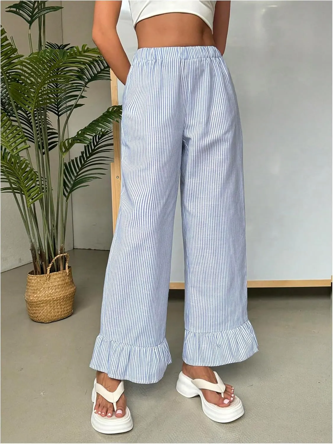 WDIRARA Women's Women Casual Striped Print Long Pants Elastic High Waist Loose Long Ruffle Hem Trousers