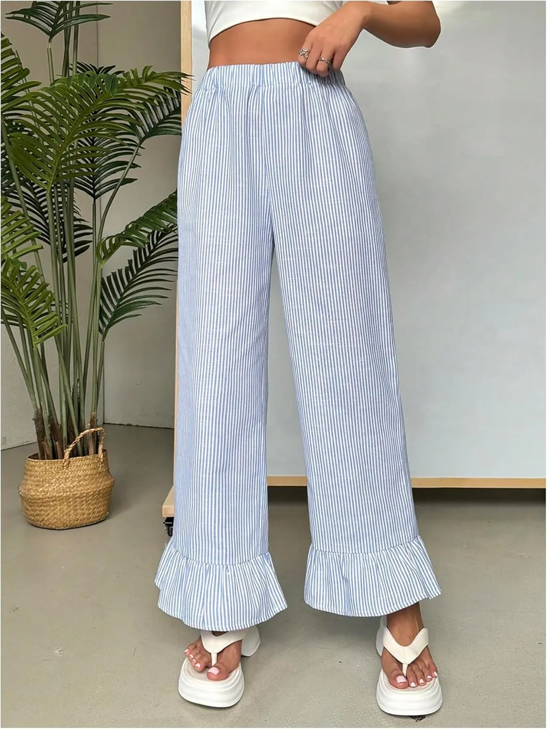 WDIRARA Women's Women Casual Striped Print Long Pants Elastic High Waist Loose Long Ruffle Hem Trousers