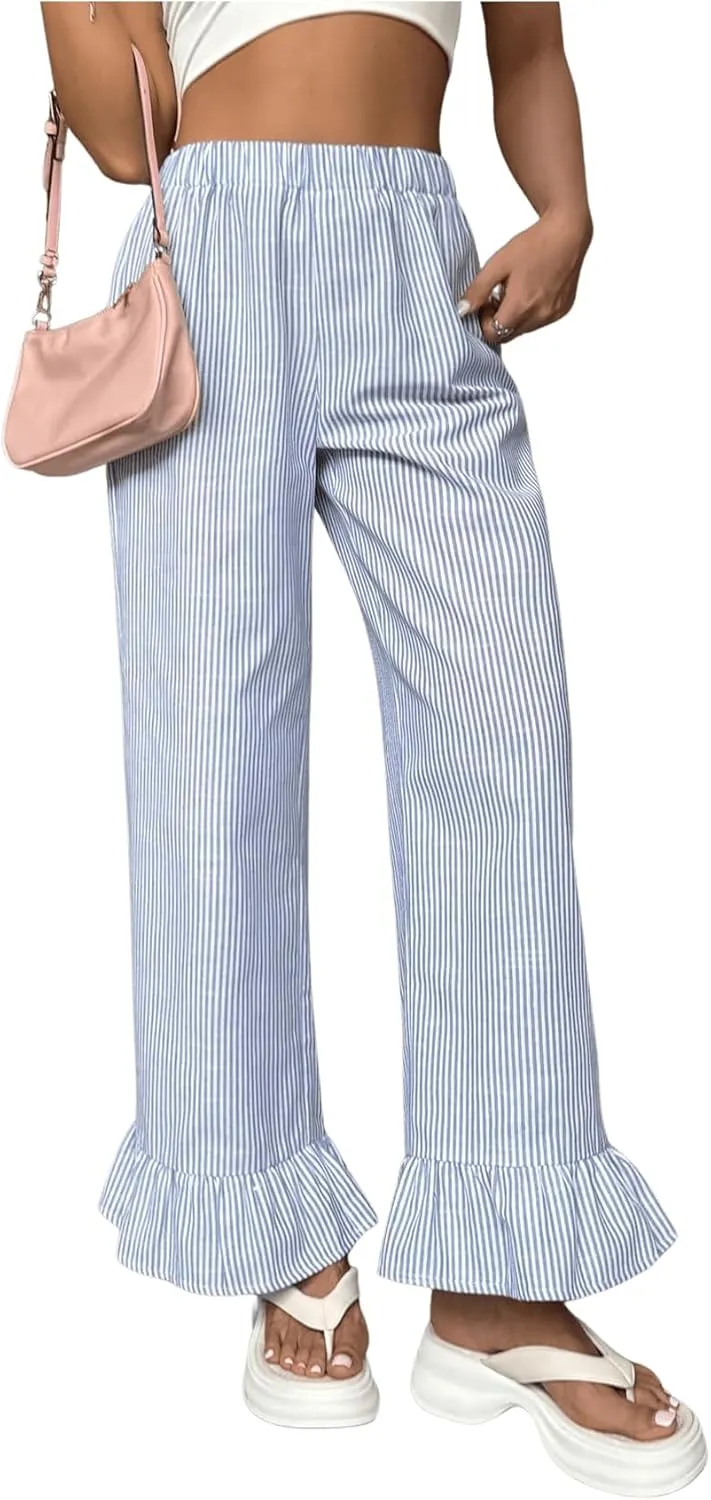 WDIRARA Women's Women Casual Striped Print Long Pants Elastic High Waist Loose Long Ruffle Hem Trousers