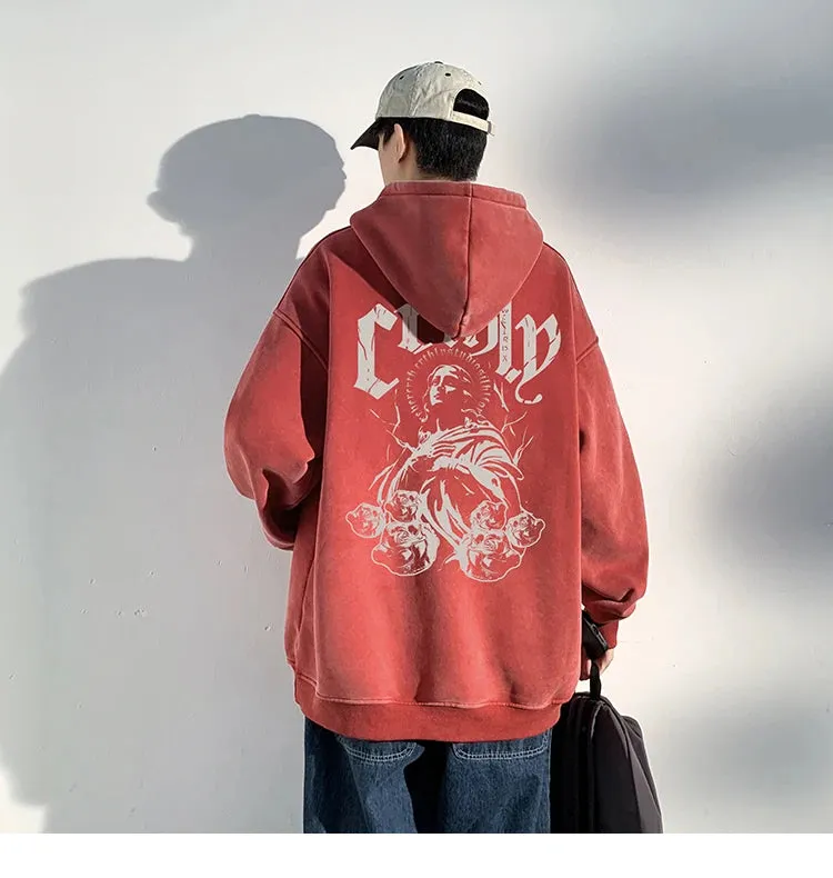 Wiaofellas  -  Gothic Graphic Men Hooded Sweatshirt High Street Couple Pullover Hoodies Hip-hop Streetwear Baggy Male Hoodie Washed Sweatshirt