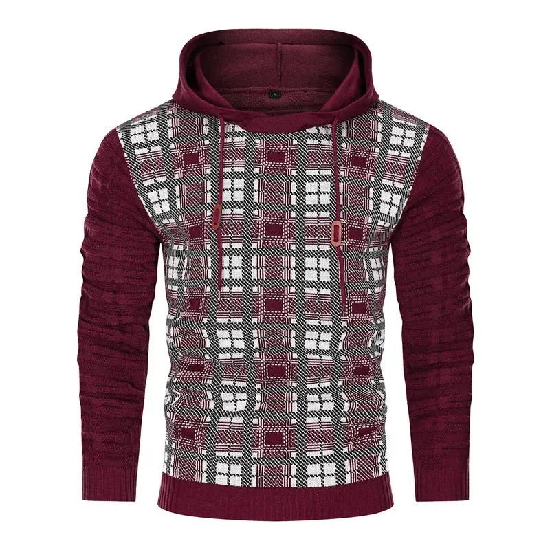 Wiaofellas  -  NEW Autumn Winter men's Hoodies Sweatshirts Pullover Knit slim fit Plaid color matching jacquard Men sweater Streetwear