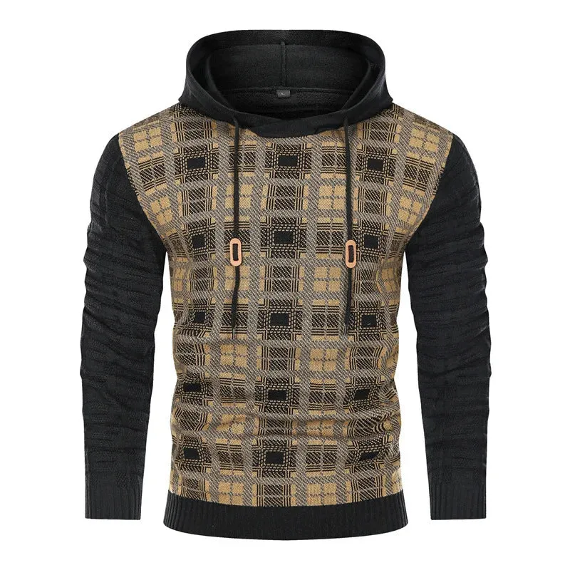 Wiaofellas  -  NEW Autumn Winter men's Hoodies Sweatshirts Pullover Knit slim fit Plaid color matching jacquard Men sweater Streetwear