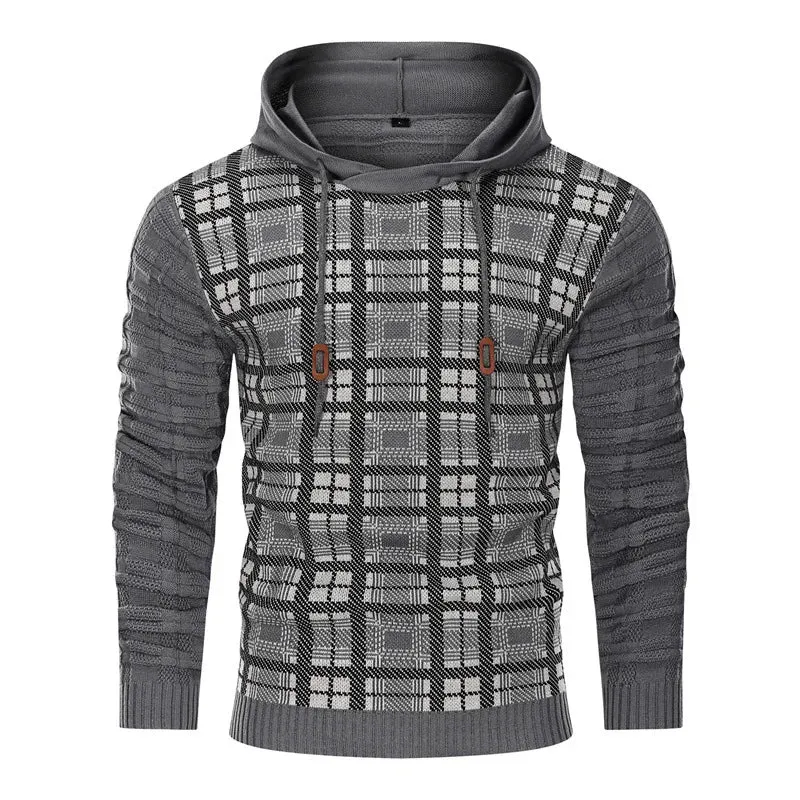 Wiaofellas  -  NEW Autumn Winter men's Hoodies Sweatshirts Pullover Knit slim fit Plaid color matching jacquard Men sweater Streetwear