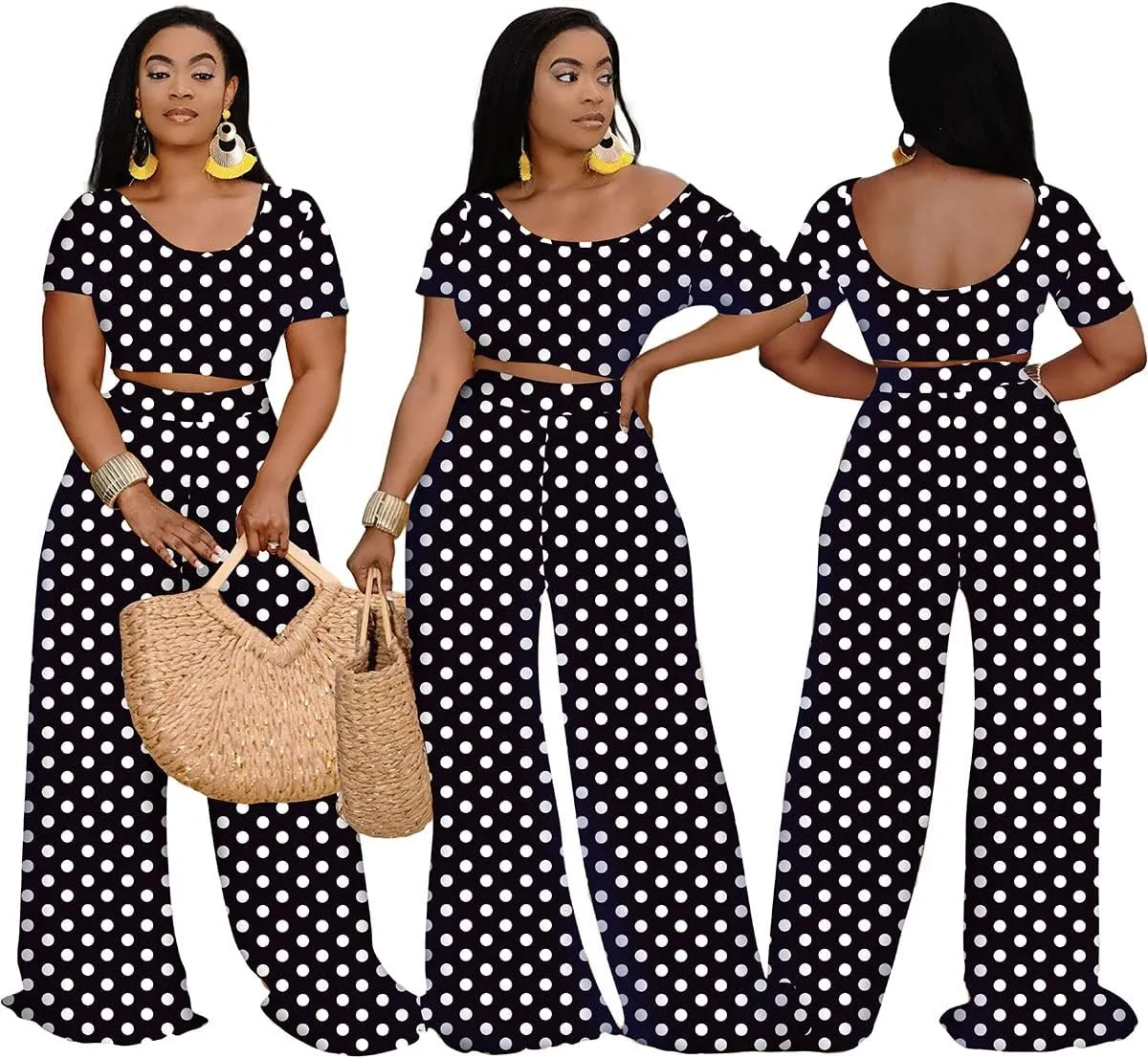 Women 2 Piece Sexy Bodycon Crop Top High Waist Wide Leg Pants Set Plus Size Outfits