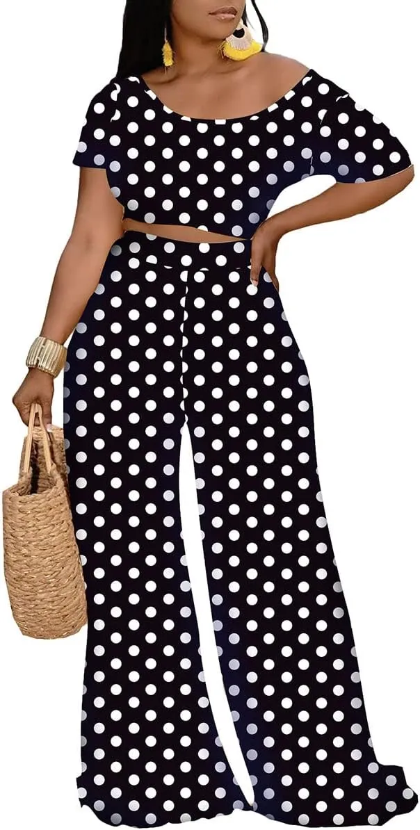 Women 2 Piece Sexy Bodycon Crop Top High Waist Wide Leg Pants Set Plus Size Outfits