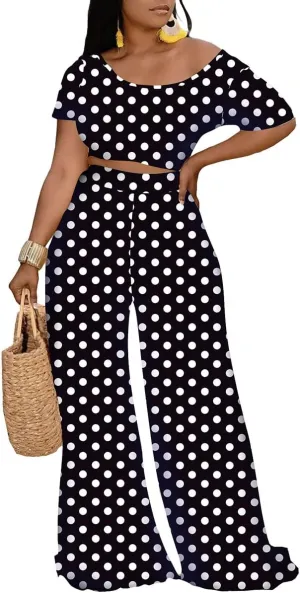 Women 2 Piece Sexy Bodycon Crop Top High Waist Wide Leg Pants Set Plus Size Outfits