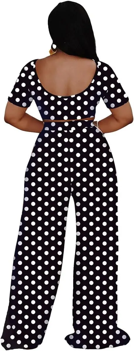 Women 2 Piece Sexy Bodycon Crop Top High Waist Wide Leg Pants Set Plus Size Outfits