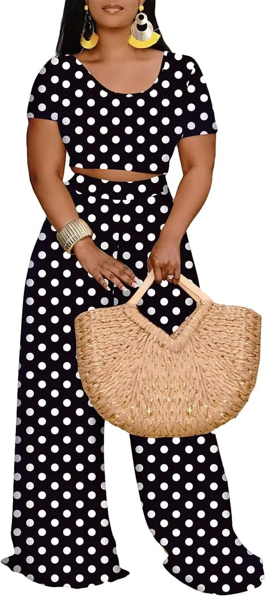 Women 2 Piece Sexy Bodycon Crop Top High Waist Wide Leg Pants Set Plus Size Outfits