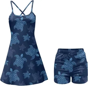 Women Golf Dress Set Casual 2 in 1 Cross Strap Tennis Sport Activewear with Built in Short and Pocket XS-2XL