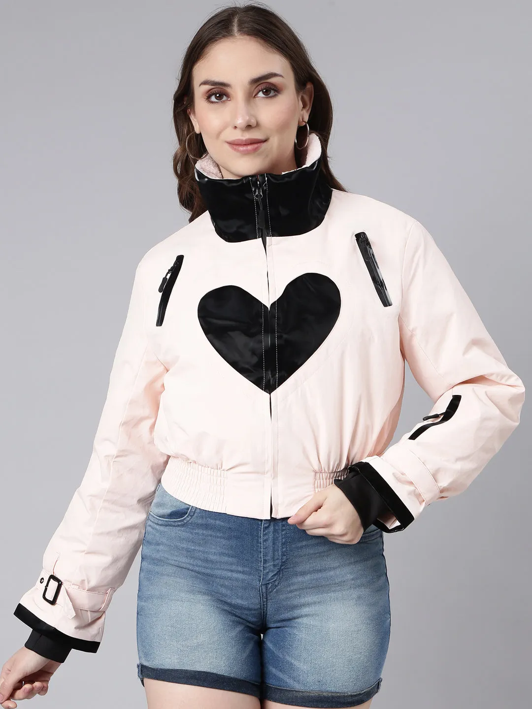 Women Peach Colour blocked Long Sleeves Crop Puffer Jacket