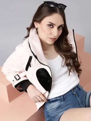 Women Peach Colour blocked Long Sleeves Crop Puffer Jacket
