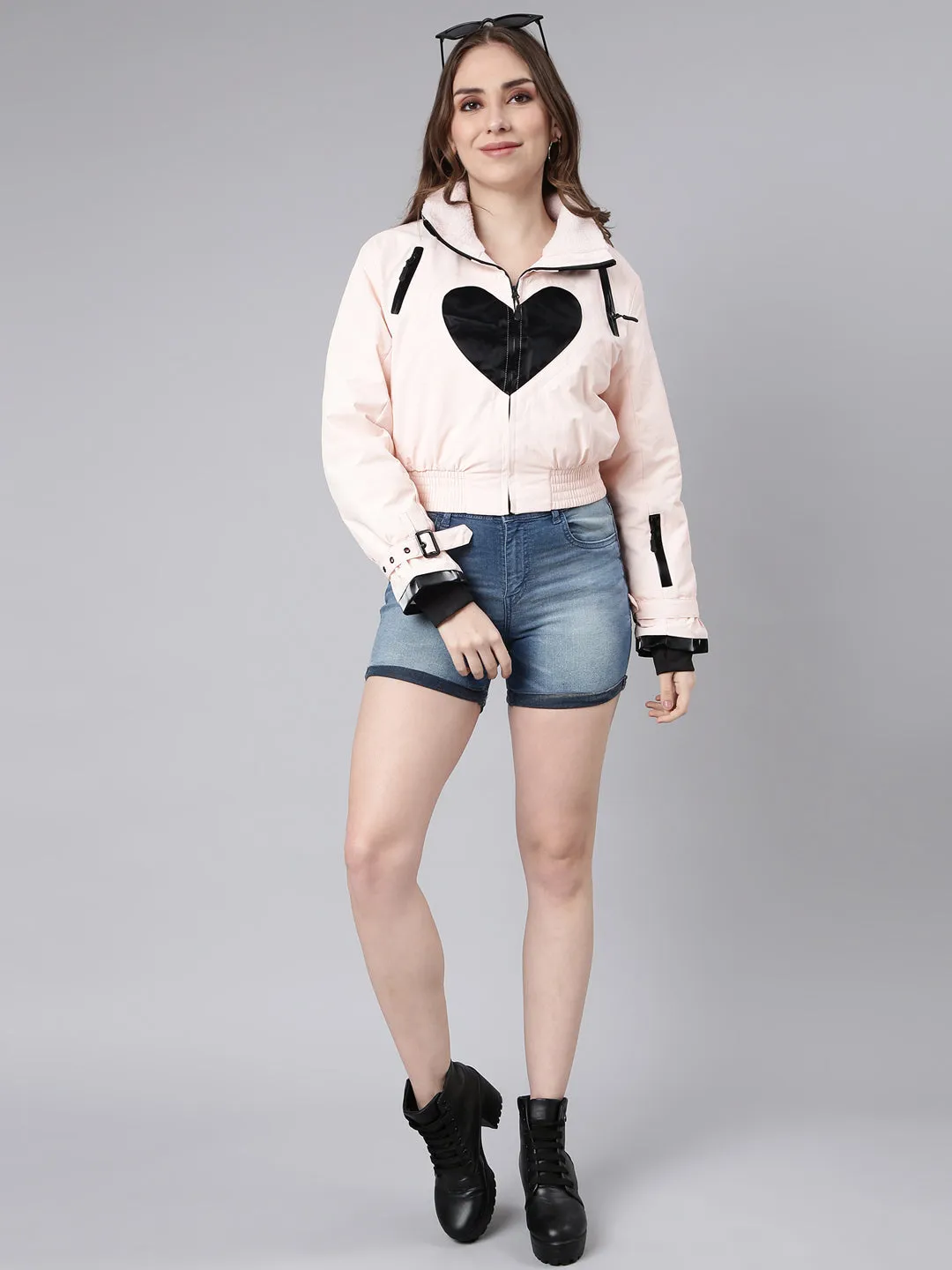 Women Peach Colour blocked Long Sleeves Crop Puffer Jacket