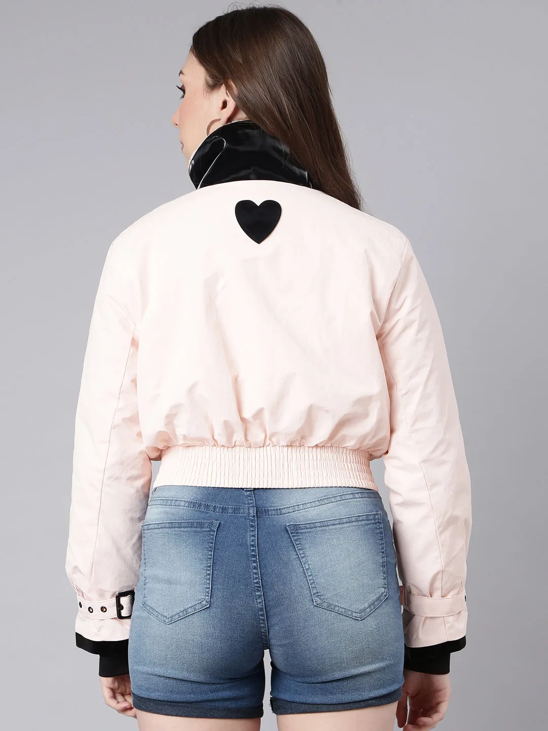 Women Peach Colour blocked Long Sleeves Crop Puffer Jacket