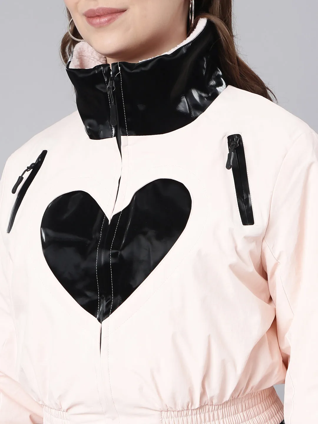 Women Peach Colour blocked Long Sleeves Crop Puffer Jacket