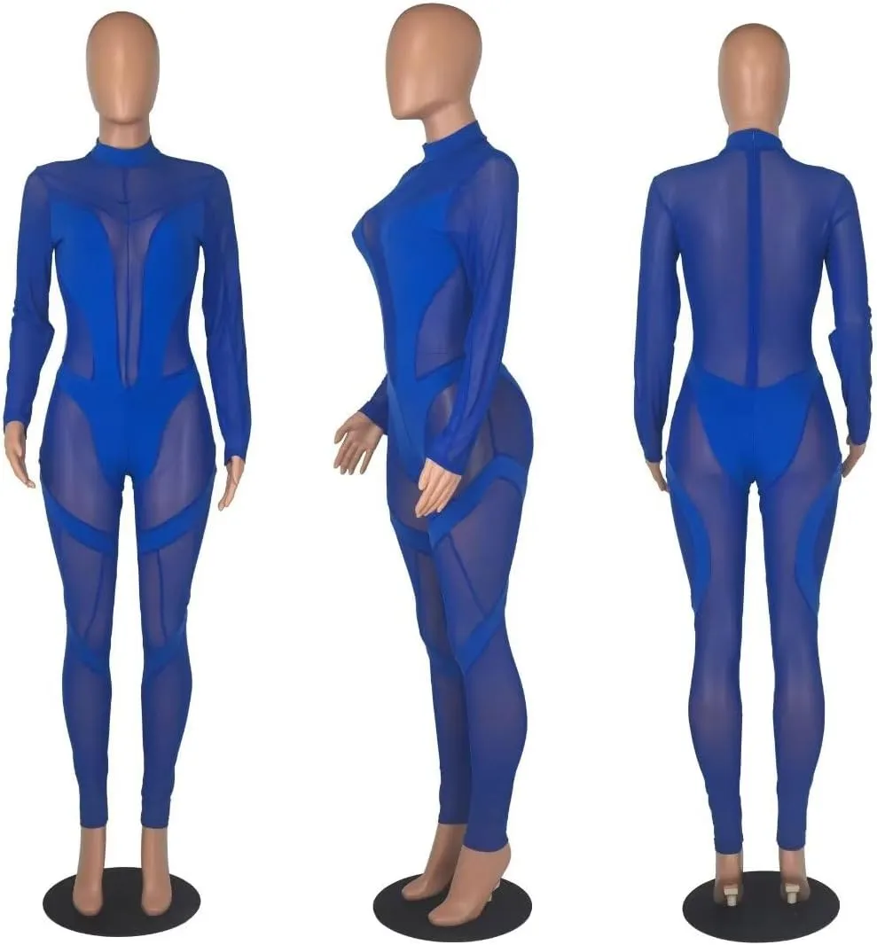 Women Sexy High Neck Sheer Mesh Splicing Bodycon Jumpsuit Romper Clubwear