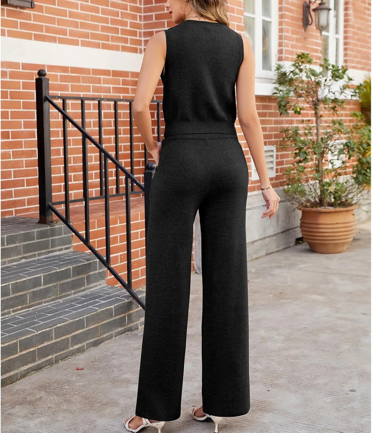 Women's 2 Piece Outfits Sleeveless Suit Vest and Wide Leg Pants Business Casual Suit Work Office