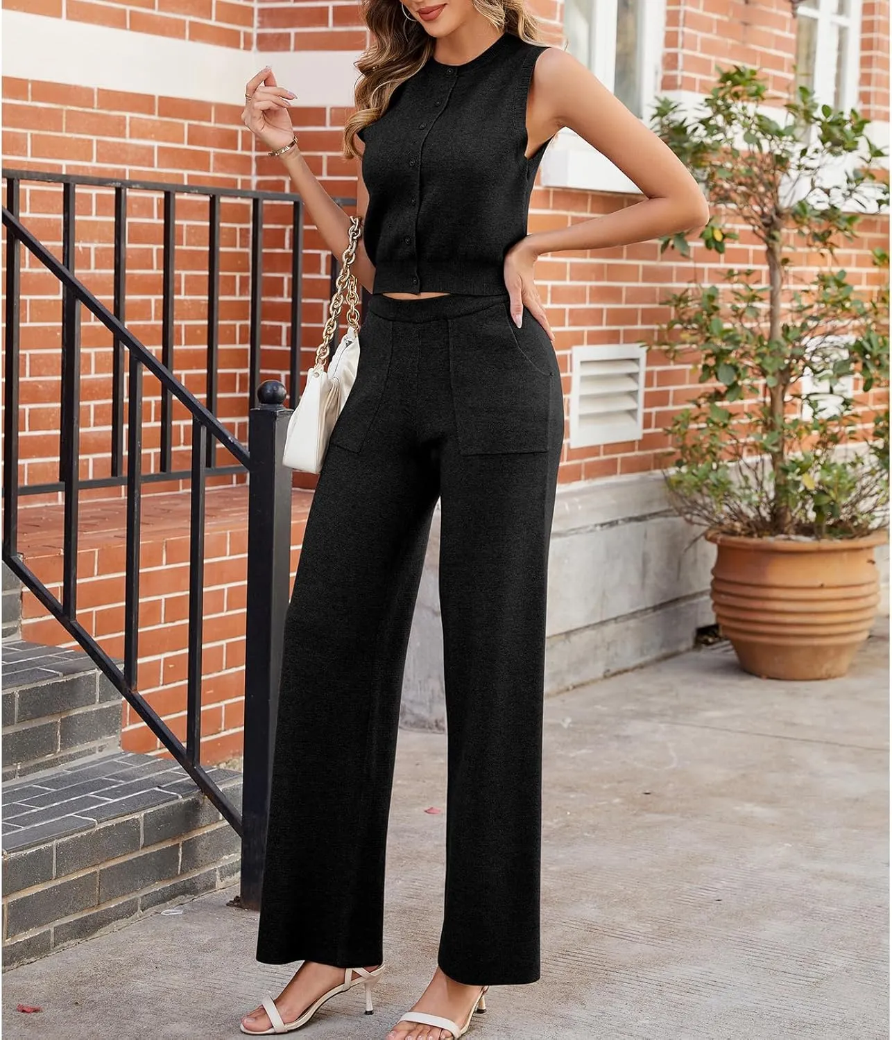 Women's 2 Piece Outfits Sleeveless Suit Vest and Wide Leg Pants Business Casual Suit Work Office