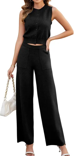 Women's 2 Piece Outfits Sleeveless Suit Vest and Wide Leg Pants Business Casual Suit Work Office