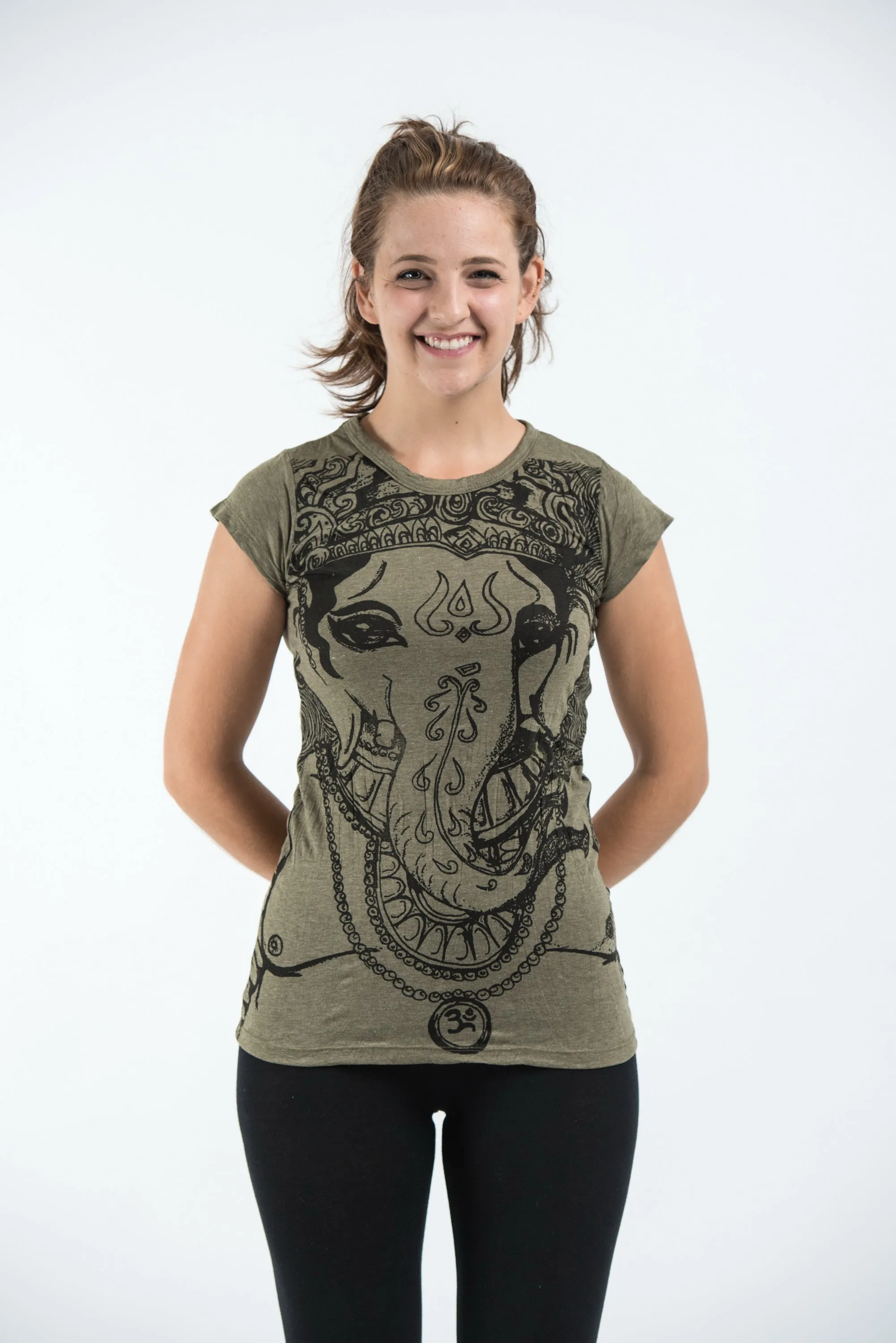 Womens Big Face Ganesh T-Shirt in Green