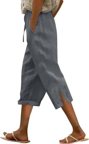 Womens Capris Casual High Waist Drawstring Split Hem Linen Pants 2025 Summer Plus Size Cropped Trousers