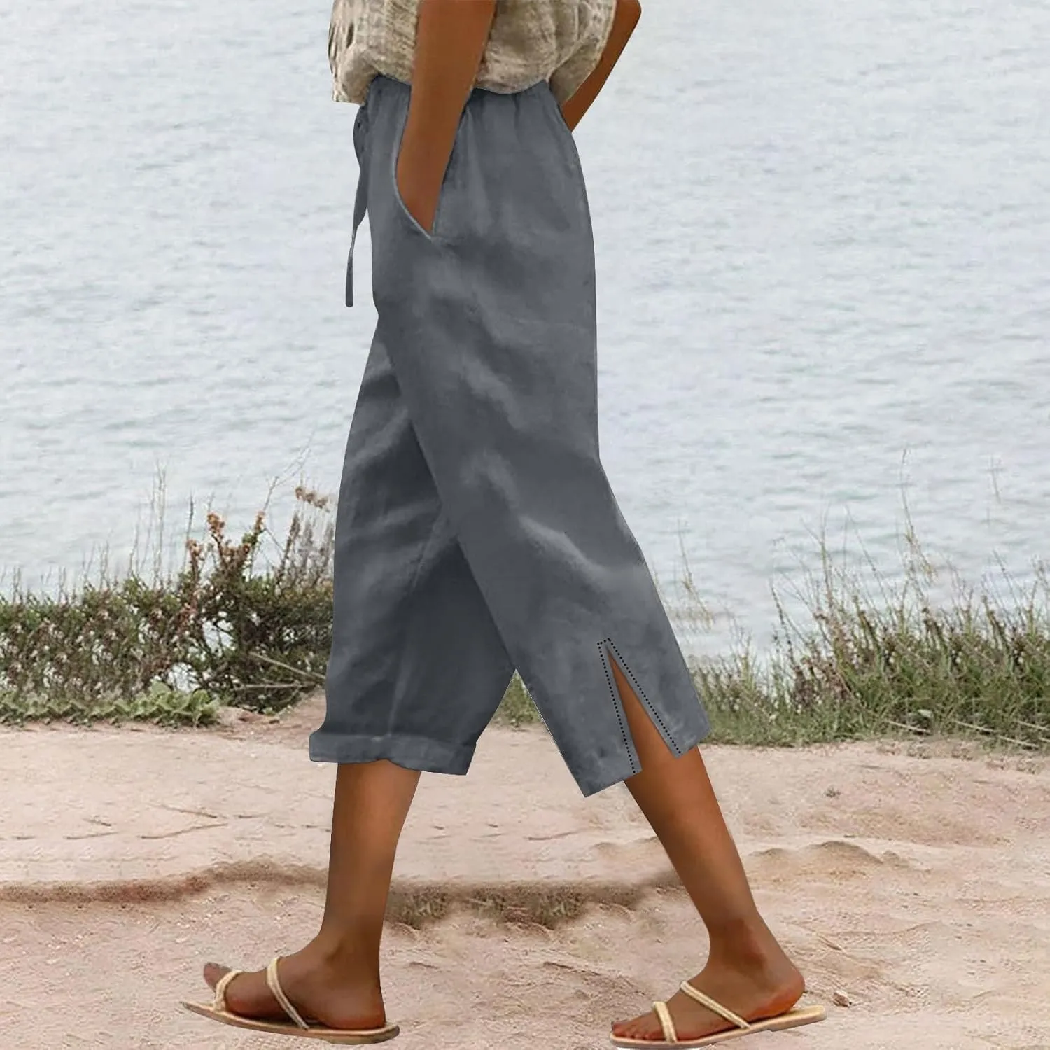 Womens Capris Casual High Waist Drawstring Split Hem Linen Pants 2025 Summer Plus Size Cropped Trousers