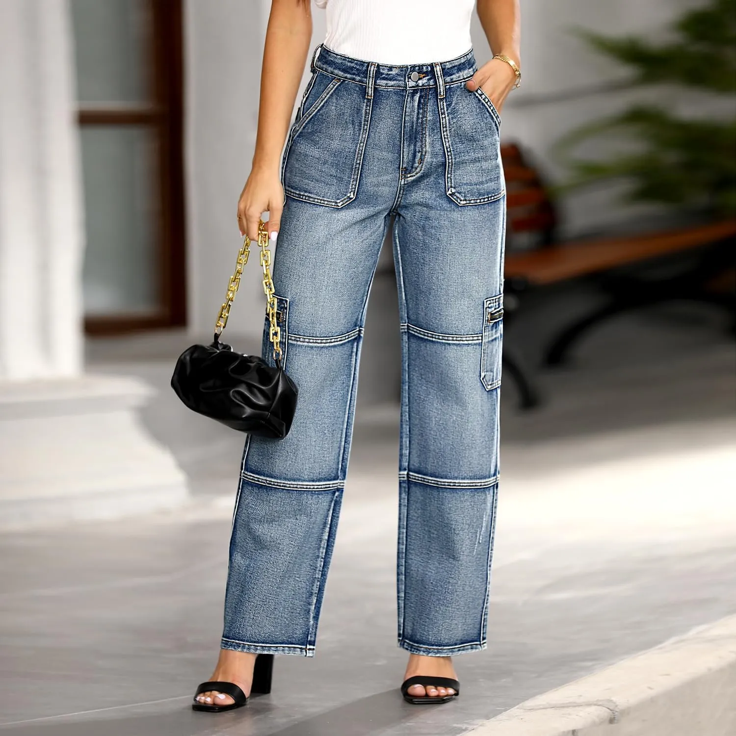 Womens Cargo Jeans High Waisted Straight Wide Leg Y2k Baggy Trendy Denim Pants with Zipper Pockets