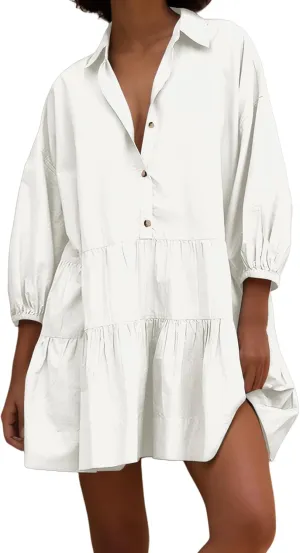 Women's Cute Summer Babydoll Shirt Mini Dress Puff Sleeve Flowy Tunic Shirt Dress Button Down Loose Short Dresses